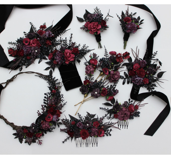Purple, Burgundy & Black Wrist Corsage – Gothic Faux Flower Bracelet