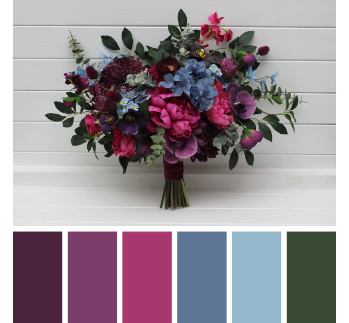 Purple, Magenta & Dusty Blue Bridal Bouquet – Jewel-Tone Faux Wedding Flowers