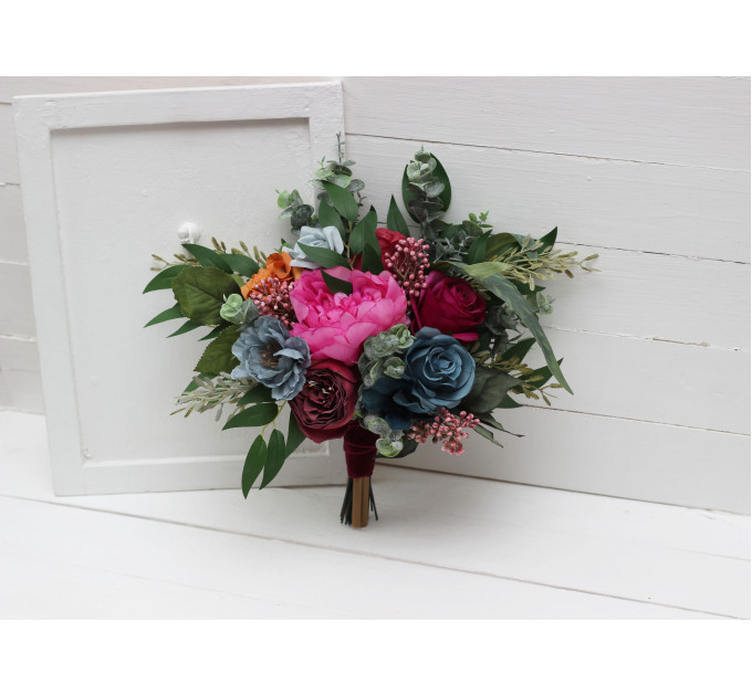 Jewel-Tone Bridesmaid Bouquet – Emerald, Orange, Magenta & Teal Wedding Flowers