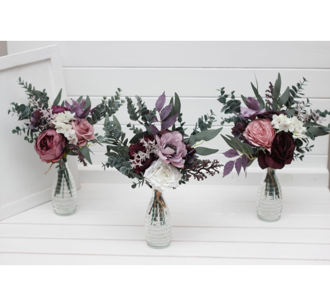 Deep Purple, Lilac & White Table Flowers – Mini Faux Bouquets for Wedding Decor