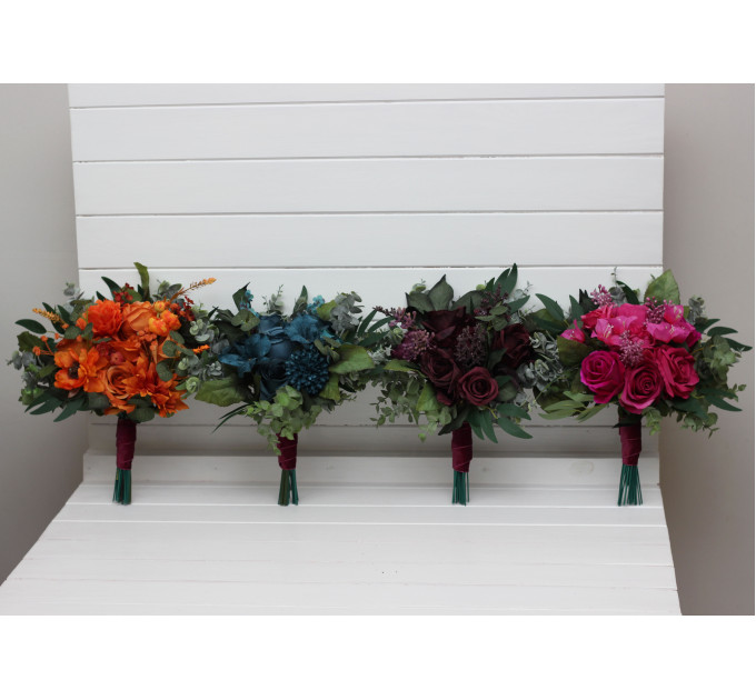 Jewel-Tone Bridesmaid Bouquet – Emerald, Orange, Magenta & Teal Wedding Flowers