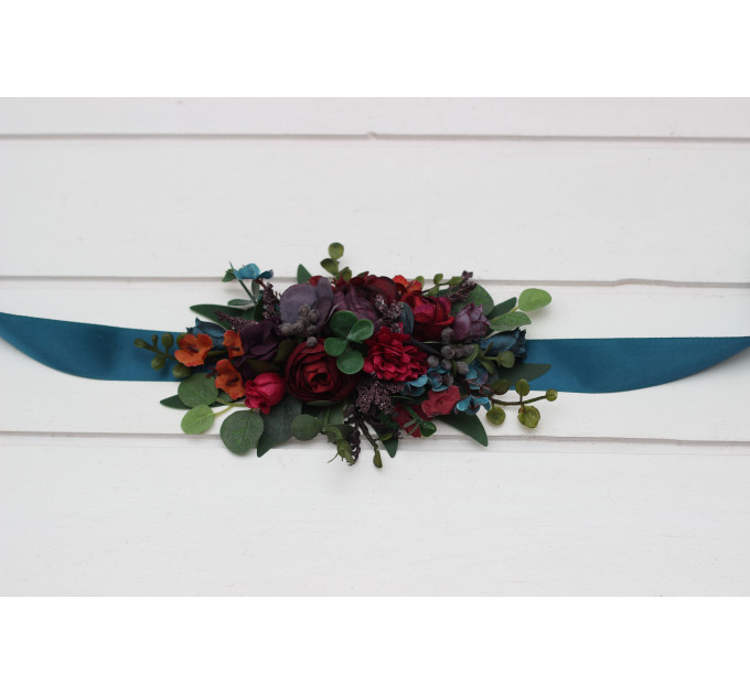 Purple, Teal, Red & Magenta Flower Belt – Jewel-Tone Faux Floral Sash for Wedding