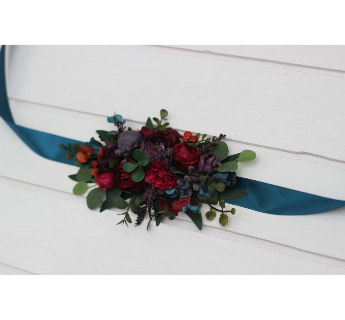 Purple, Teal, Red & Magenta Flower Belt – Jewel-Tone Faux Floral Sash for Wedding