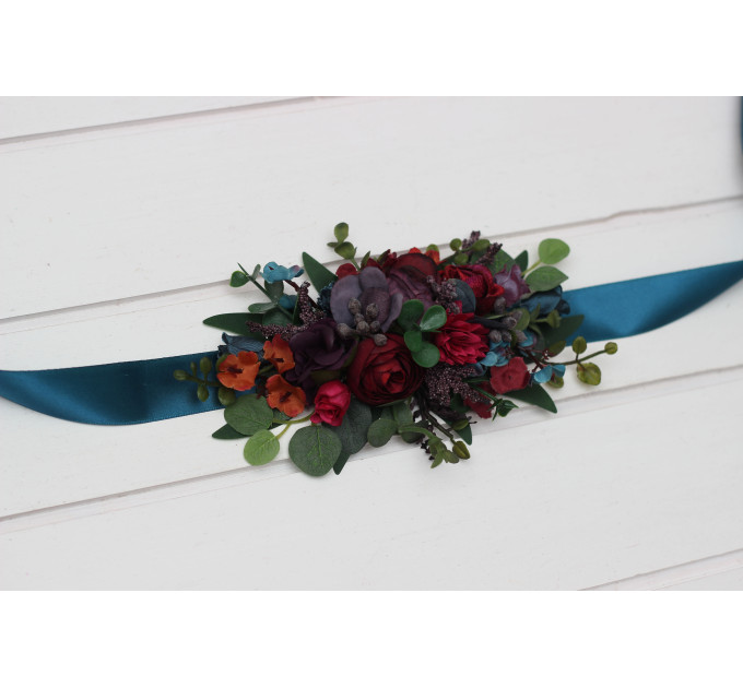 Purple, Teal, Red & Magenta Flower Belt – Jewel-Tone Faux Floral Sash for Wedding