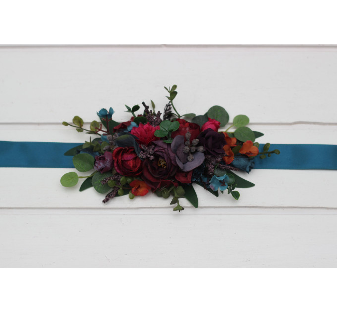 Purple, Teal, Red & Magenta Flower Belt – Jewel-Tone Faux Floral Sash for Wedding