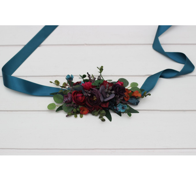 Purple, Teal, Red & Magenta Flower Belt – Jewel-Tone Faux Floral Sash for Wedding