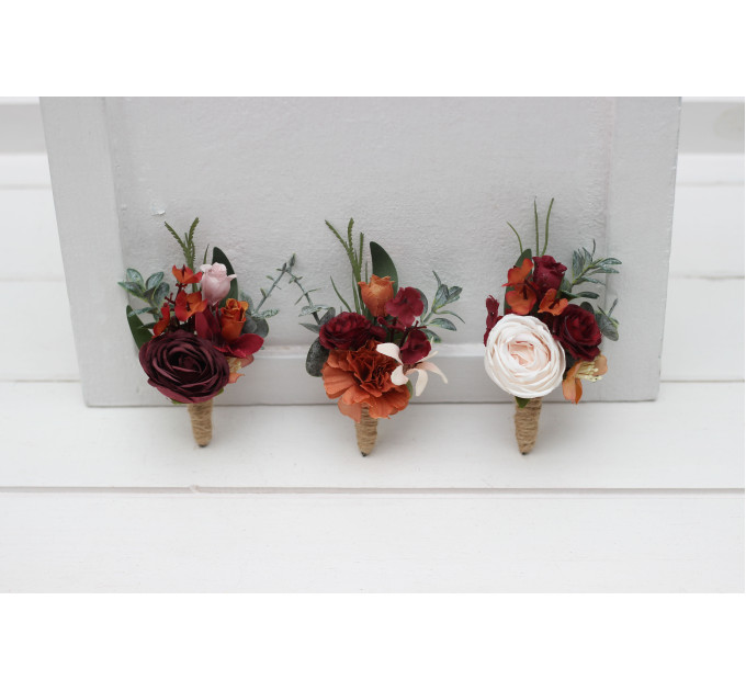 Burgundy, Rust & Blush Pink Wedding Boutonnieres – Faux Floral Accessories