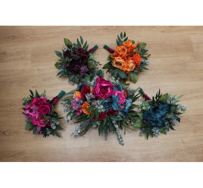 Jewel-Tone Bridesmaid Bouquet – Emerald, Orange, Magenta & Teal Wedding Flowers
