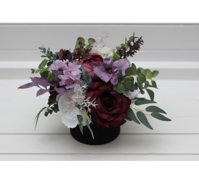 Deep Purple, Lilac & White Centerpiece – Faux Wedding Flowers in Hat Box