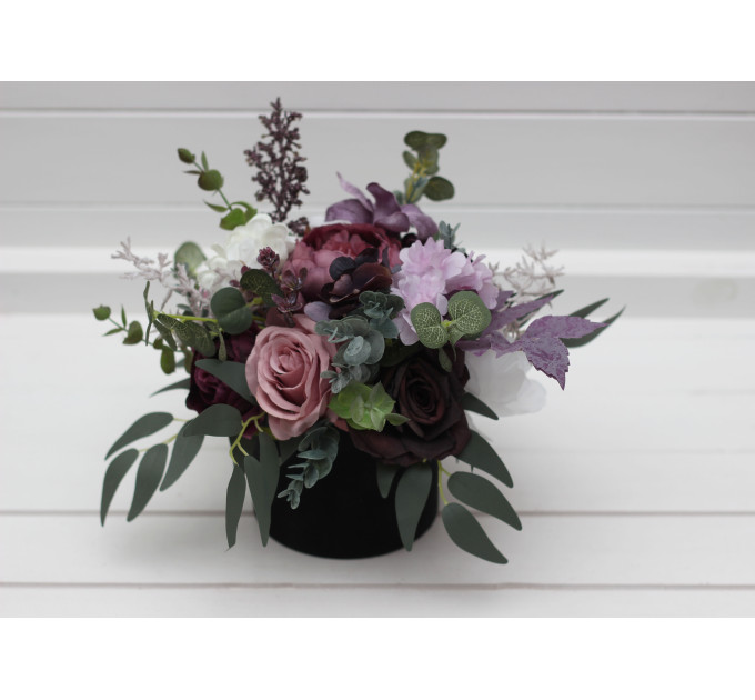 Deep Purple, Lilac & White Centerpiece – Faux Wedding Flowers in Hat Box