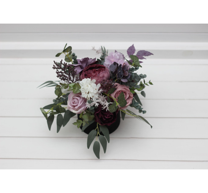 Deep Purple, Lilac & White Centerpiece – Faux Wedding Flowers in Hat Box