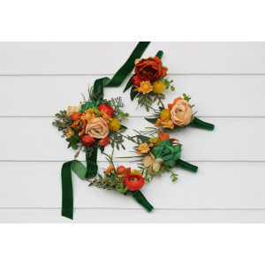  Wedding boutonnieres and wrist corsage  in orange green color scheme. Flower accessories.5337