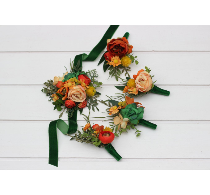 Orange & Green Wedding Boutonnieres and Corsage – Faux Floral Accessories