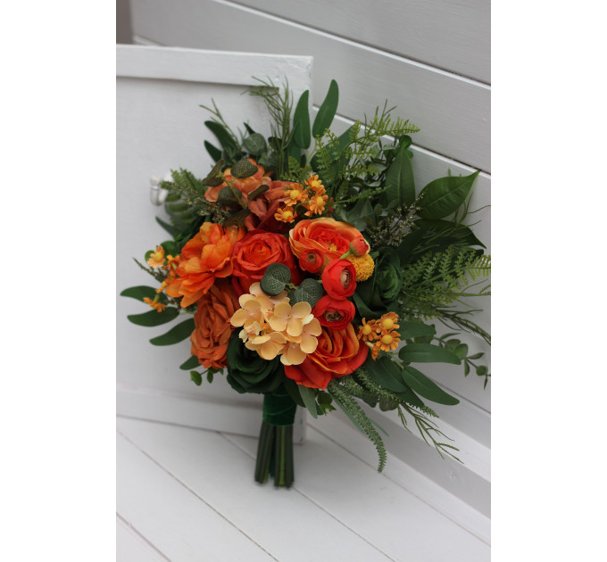 Orange & Green Wedding Bouquets | Faux Bridal & Bridesmaid Flowers