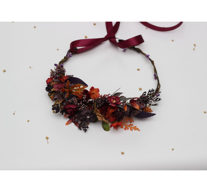 Burgundy, Purple & Rust Flower Crown – Faux Floral Wedding Hair Wreath
