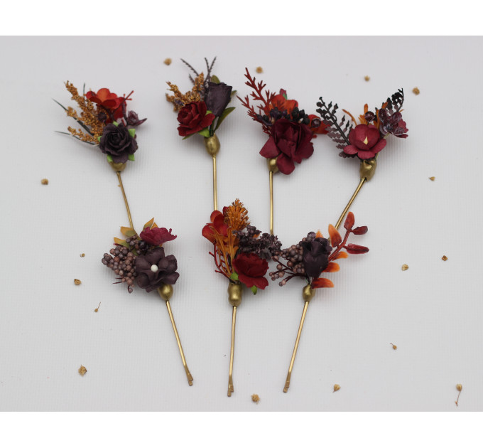 Burgundy, Purple & Rust Hair Pins – Set of 7 Faux Floral Wedding Accessories