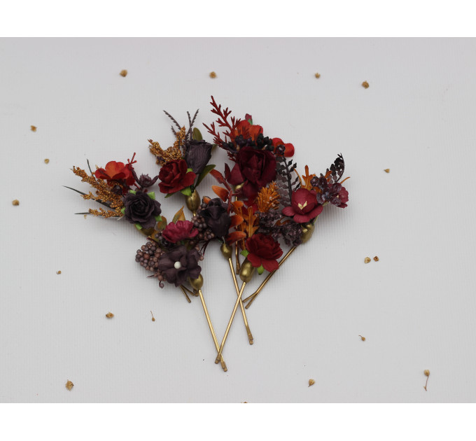 Burgundy, Purple & Rust Hair Pins – Set of 7 Faux Floral Wedding Accessories