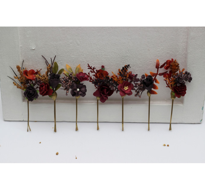 Burgundy, Purple & Rust Hair Pins – Set of 7 Faux Floral Wedding Accessories