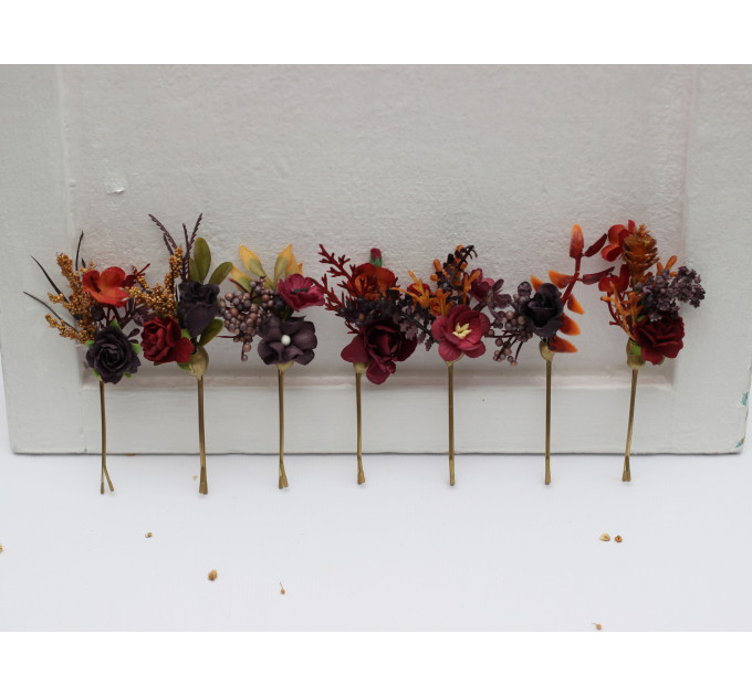 Burgundy, Purple & Rust Hair Pins – Set of 7 Faux Floral Wedding Accessories