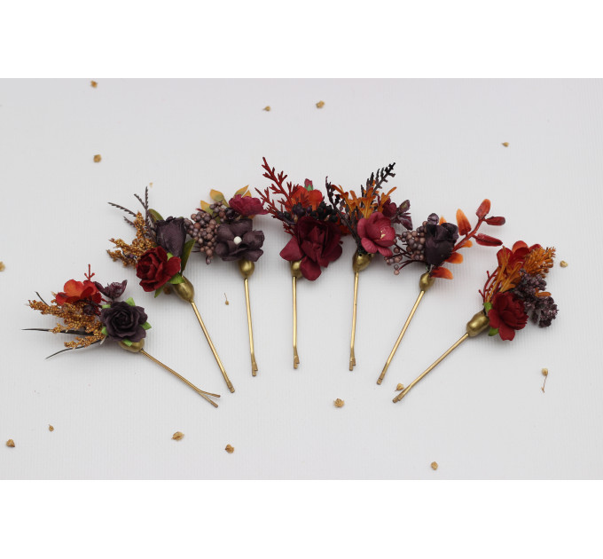 Burgundy, Purple & Rust Hair Pins – Set of 7 Faux Floral Wedding Accessories