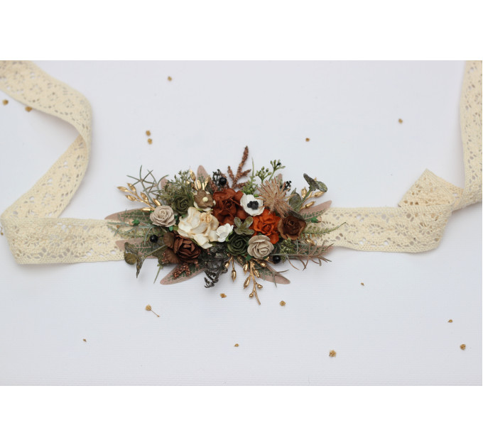 Vintage Rustic Flower Belt – Earthy Faux Floral Bridal Sash Vintage Rustic Flower Belt – Earthy Faux Floral Bridal Sash