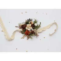 Flower wrist corsage in vintage rustic style. Earth, brown, rust, cream, ivory, gold with deep green and black. Mother bracelet. 5433