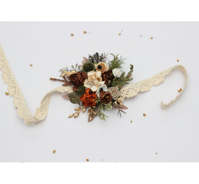 Vintage Rustic Wrist Corsage – Earthy Faux Floral Bracelet for Wedding