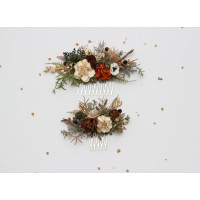 Flower combs in vintage rustic style. Earth brown rust cream ivory gold with deep green and black. Bridal hair comb. Wedding floral accessories. 5433