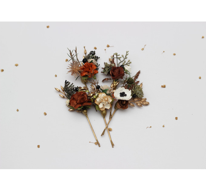 Vintage Rustic Hair Pins – Set of 5 Earthy Faux Floral Bridal Bobby Pins