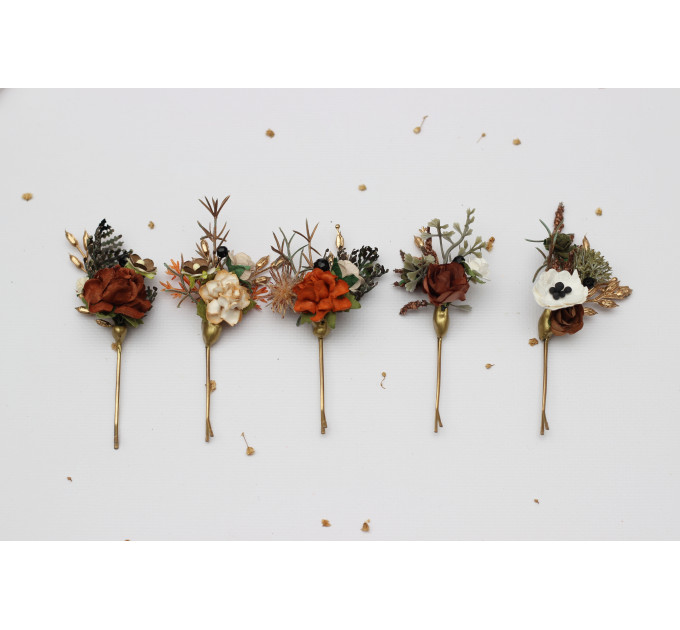 Vintage Rustic Hair Pins – Set of 5 Earthy Faux Floral Bridal Bobby Pins