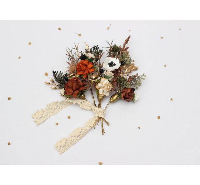 Vintage Rustic Hair Pins – Set of 5 Earthy Faux Floral Bridal Bobby Pins