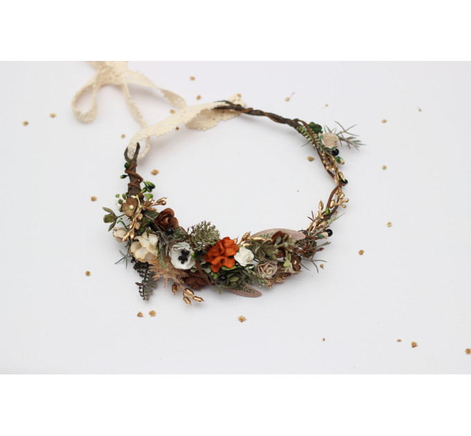 Vintage Rustic Flower Crown – Earthy Faux Floral Bridal Hair Wreath