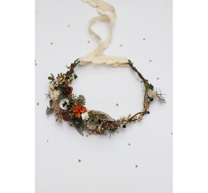 Vintage Rustic Flower Crown – Earthy Faux Floral Bridal Hair Wreath