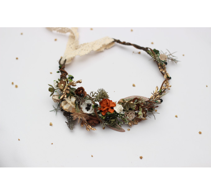 Vintage Rustic Flower Crown – Earthy Faux Floral Bridal Hair Wreath