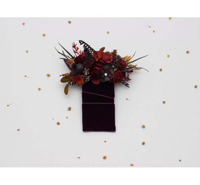 Burgundy, Purple & Rust Pocket Boutonniere – Faux Square Floral Accessory