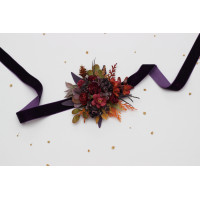 Wrist corsage  in burgundy, purple and rust color scheme. Wedding flower accessories. 5434