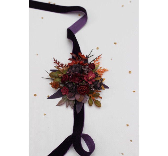 Burgundy, Purple & Rust Wrist Corsage – Faux Floral Wedding Bracelet