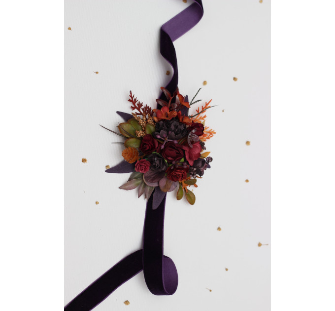 Burgundy, Purple & Rust Wrist Corsage – Faux Floral Wedding Bracelet