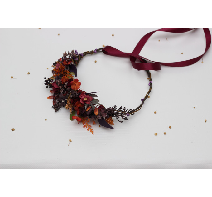 Burgundy, Purple & Rust Flower Crown – Faux Floral Wedding Hair Wreath