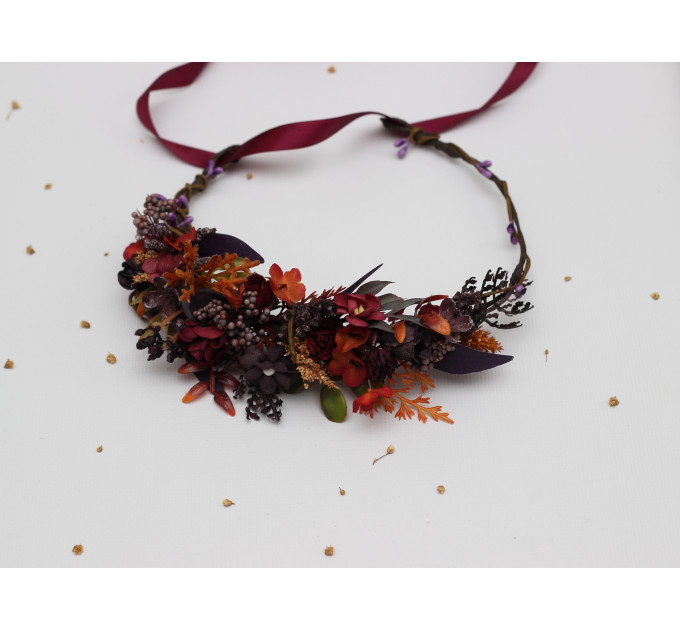 Burgundy, Purple & Rust Flower Crown – Faux Floral Wedding Hair Wreath