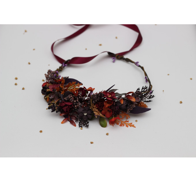 Burgundy, Purple & Rust Flower Crown – Faux Floral Wedding Hair Wreath