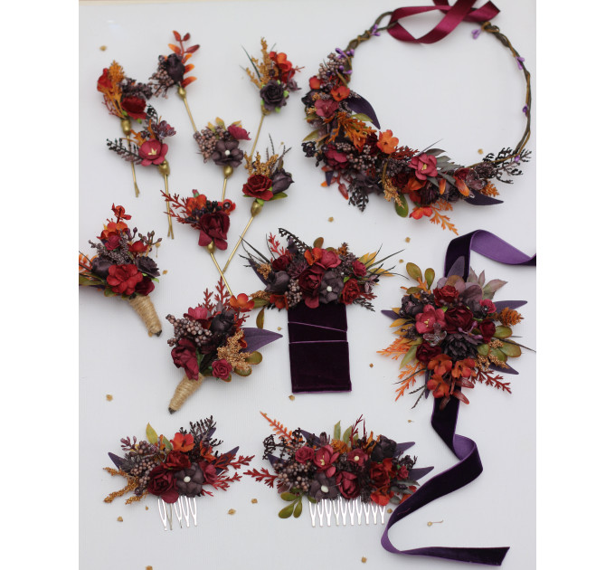Burgundy, Purple & Rust Flower Combs – Faux Floral Wedding Hair Accessories