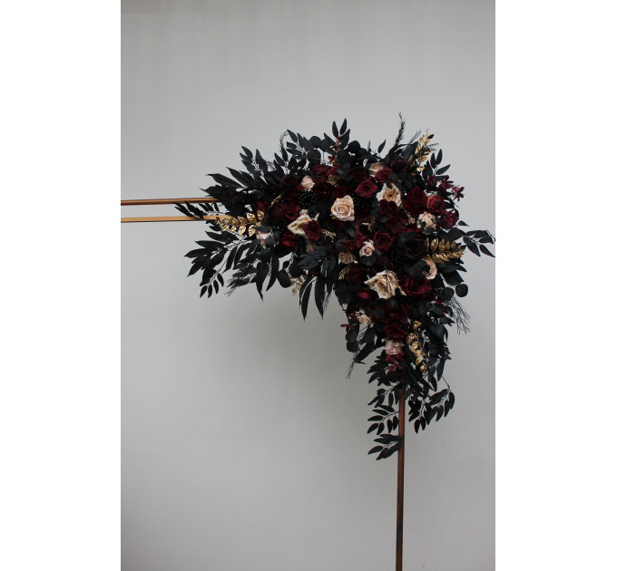 Flower Arch Arrangement in Burgundy, Black, Gold & Beige | Faux Floral Archway for Halloween Wedding