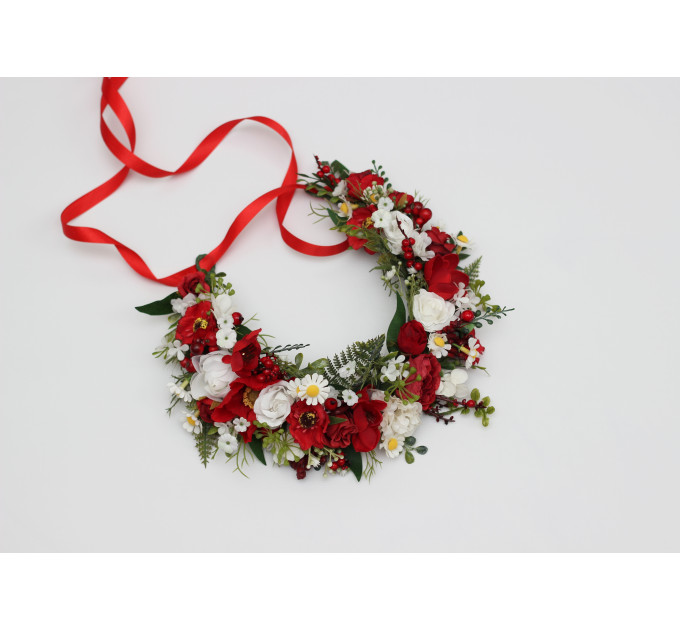 Red & White Floral Crown – Folk Wildflower Hair Wreath for Wedding