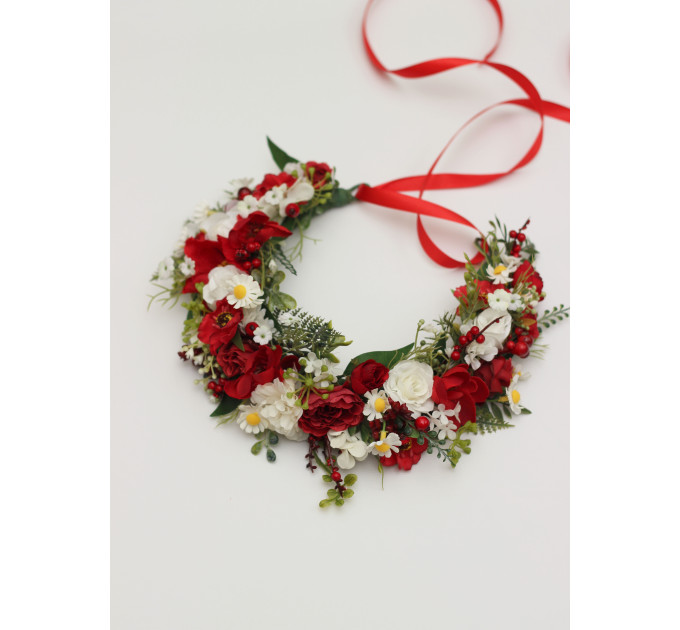 Red & White Floral Crown – Folk Wildflower Hair Wreath for Wedding