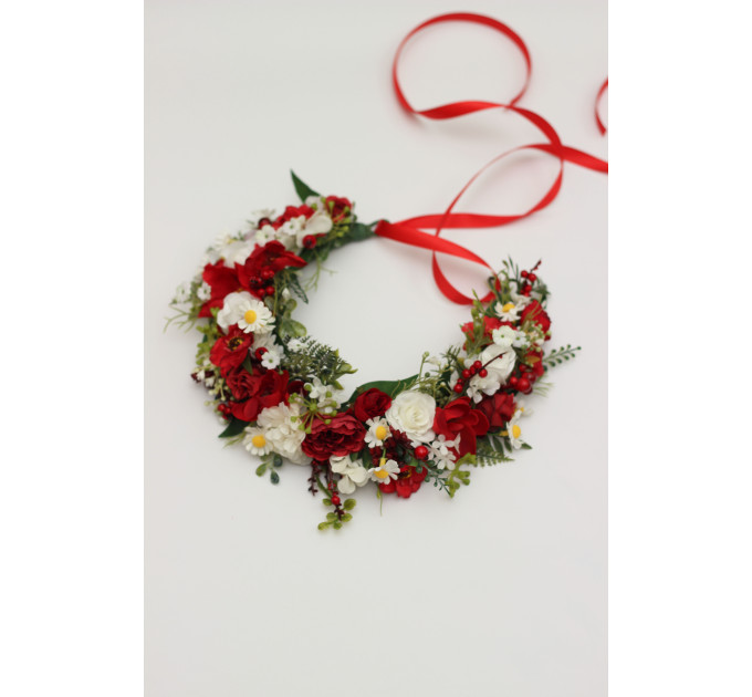 Red & White Floral Crown – Folk Wildflower Hair Wreath for Wedding