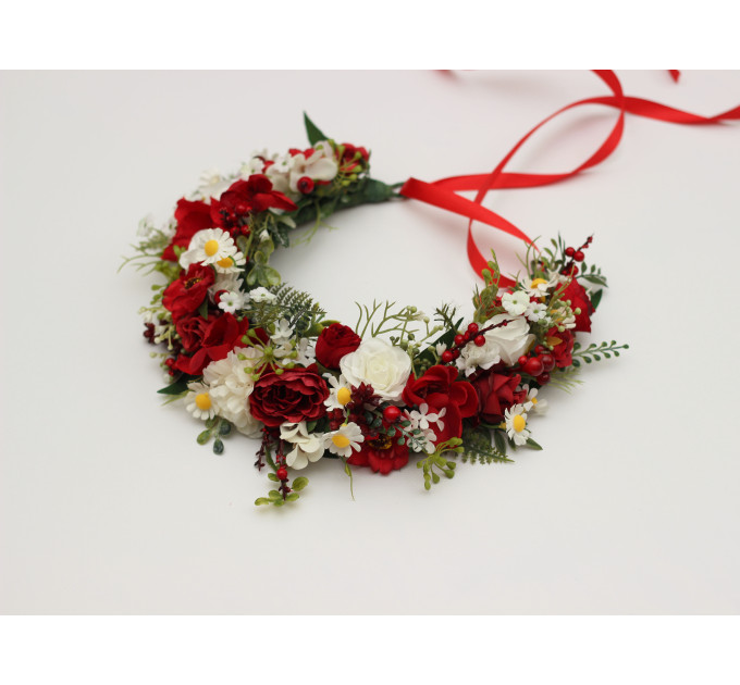 Red & White Floral Crown – Folk Wildflower Hair Wreath for Wedding