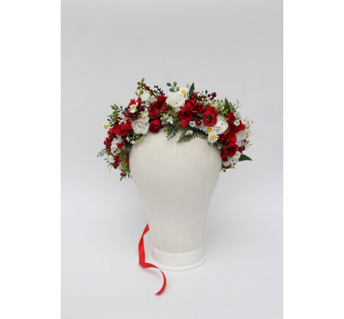 Red & White Floral Crown – Folk Wildflower Hair Wreath for Wedding