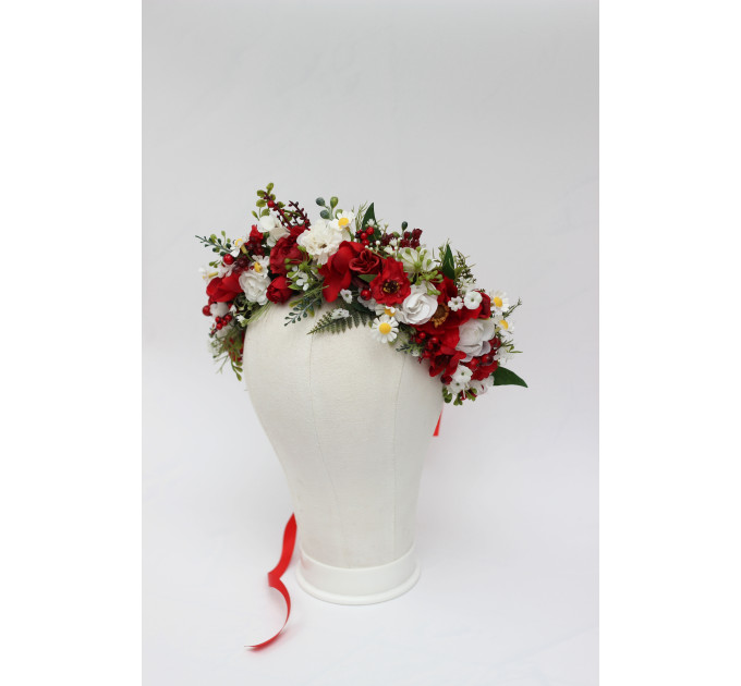 Red & White Floral Crown – Folk Wildflower Hair Wreath for Wedding