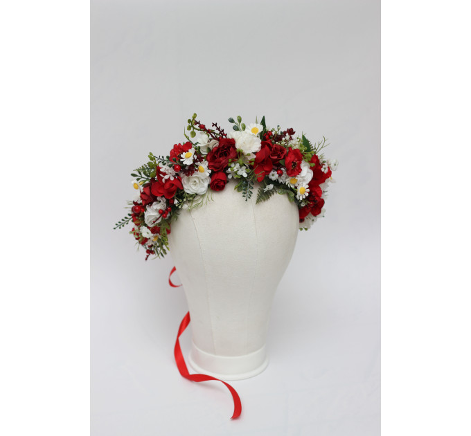 Red & White Floral Crown – Folk Wildflower Hair Wreath for Wedding